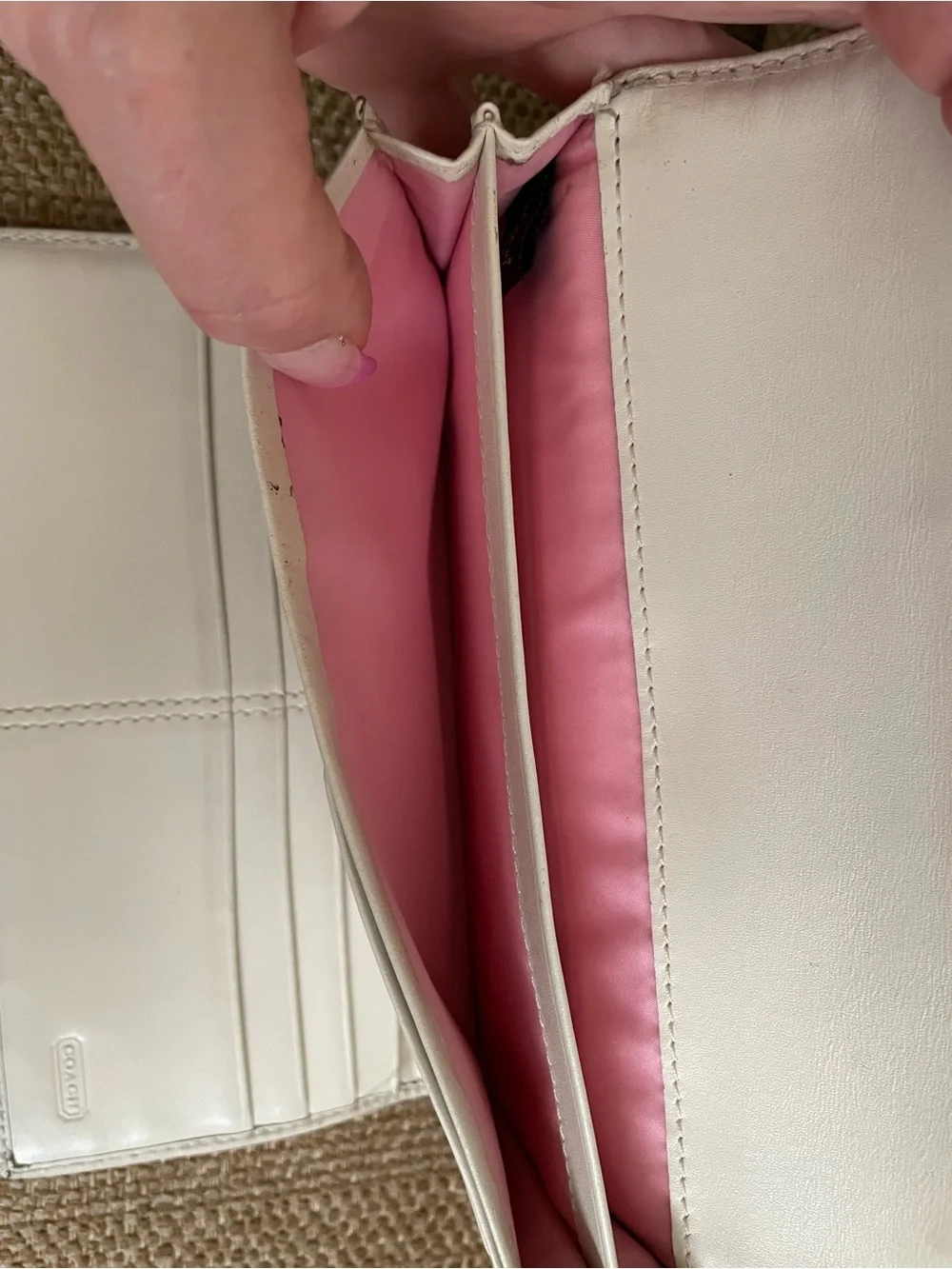 Coach Beige Signature leather Trifold Wallet with Pink Center Stripe